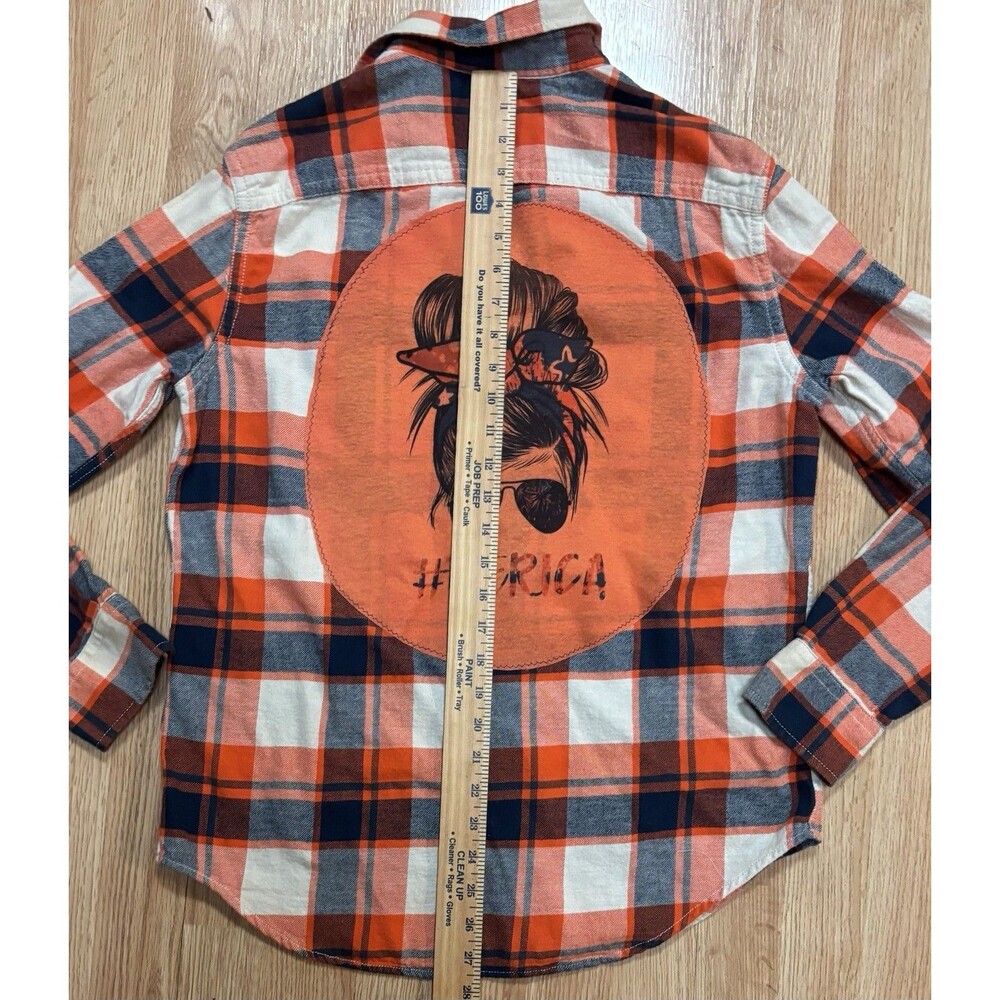 ‘Merica Upcycled Flannel Shirt Hippie Boho Country Orange & Blue Size Med Womens - Picture 8 of 8